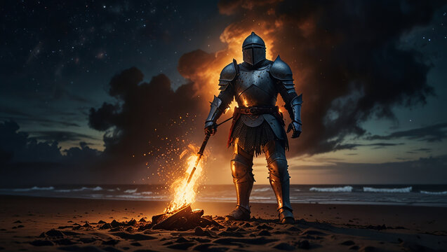 Knight in armor holding a fire torch, on the beach under the night sky full of fantasy,