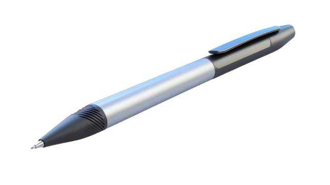 Silver pen resting on a white background.