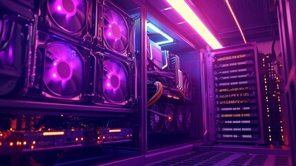 Obraz premium This modern data center exhibits illuminated cables and components at night