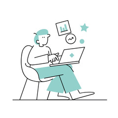 Minimalist digital illustration of a young girl with a laptop, engaged in an online conversation. Speech bubbles with dots indicate chatting or messaging.