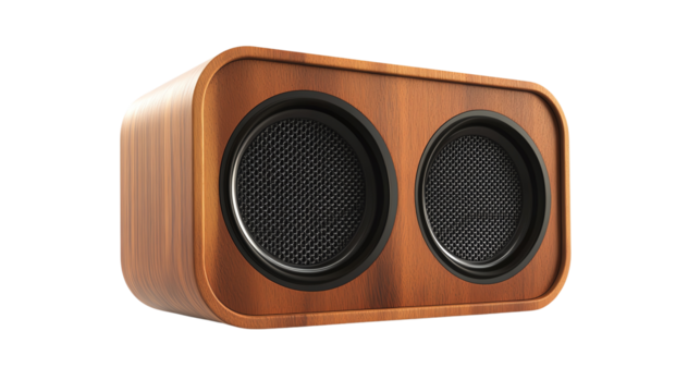 Vintage wooden speaker with dual sound drivers.