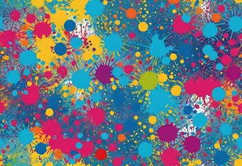 Multicolored watercolor paint spots in dynamic liquid art style on bright pink background,