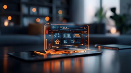 Advanced holographic smart home technology featuring a sleek and modern floating 3D device control interface in a bright minimalist interior setting