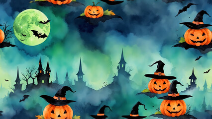 Watercolor Halloween pumpkins with bats, moon, and haunted castle