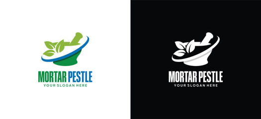 Mortar and pestle logo design with green leaf symbol