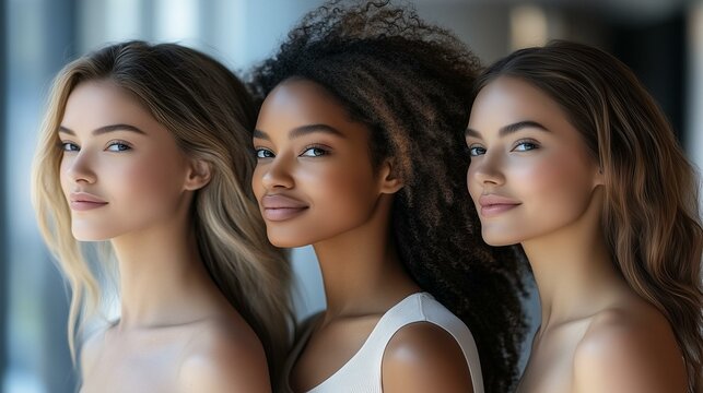 Three women with diverse hair textures and styles standing together in a modern setting