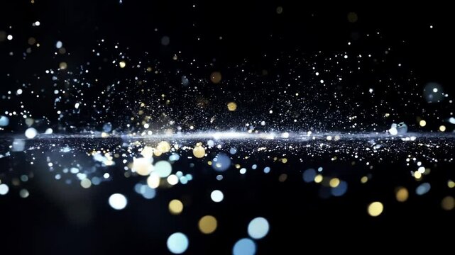 Festive black background with silver sparkling bokeh creates a dreamy and festive atmosphere. Background for congratulations on Birthday, New Year, Christmas.