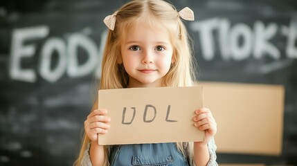 A young girl holding a sign with 'UDL' written on it in front of a chalkboard