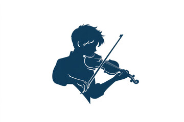 A minimalist silhouette illustration of a young violinist playing the violin with passion. The dark blue cutout style contrasts against a white background, emphasizing elegance and artistry.