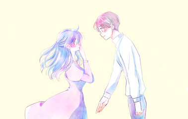 手を差し出す男性と泣く女性　風