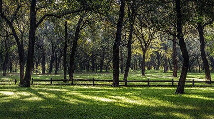 Obraz premium dense tree line with a low wooden fence, marking the boundary between a lush meadow and a wild forest, with soft light casting shadows along the ground. dense tree line, low wooden fence, boundary, 