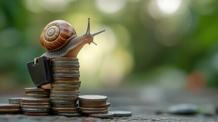 Snail climbing a stack of coins, symbolizing slow but steady progress and financial growth.