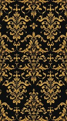 Fototapeta premium A sophisticated seamless pattern displaying ornate damask designs, rendered in a classic etching style with deep blacks and rich gold accents, incorporating a baroque layout.