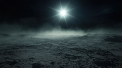 Fototapeta premium A serene lunar landscape illuminated by a bright star in the night sky.