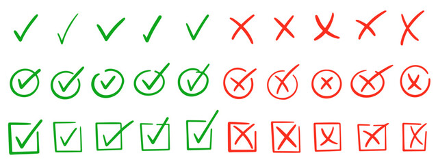 Check marks doodle set. Vote, yes, no, checkbox, checklist, tick and cross signs, v and x drawn concept. Hand drawn doodle sketch style vector illustration 