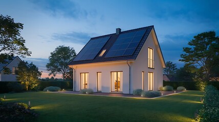 Sustainable solar panel home, innovative house night sky roof, efficient exterior property evening technology, renewable ecological environmental, modern clean energy