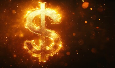 Dollar sign ablaze glowing, money concept, with abstract sparkles in the background