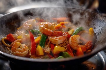 shrimp dish prepared with colorful stir fried vegetables and steaming noodles in a deep iron wok