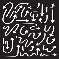 Hand drawn arrow vector icons, White arrow signs and symbol isolated on black background, Set of arrows collection. Vector illustration