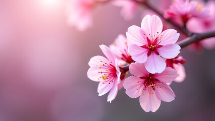 Fototapeta premium Pink cherry blossoms blooming on tree branches against a neutral background. A soft, natural scene representing springtime, renewal, and beauty