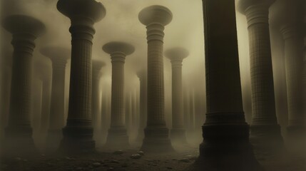 A series of ancient pillars shrouded in fog, creating an eerie atmosphere.