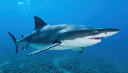 Fototapeta premium A big shark swims underwater. 