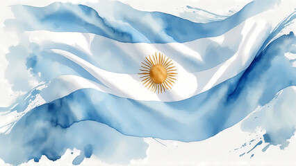 Waving Argentina flag in watercolor style with sun emblem
