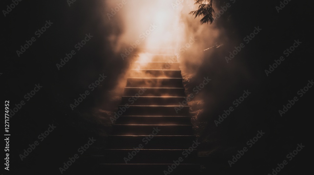 Wall mural a set of stairs illuminated by soft light, surrounded by fog and shadows.