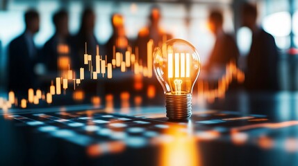 Business team meeting in an office with a glowing light bulb symbolizing innovation, overlaid with financial data and stock market analytics.