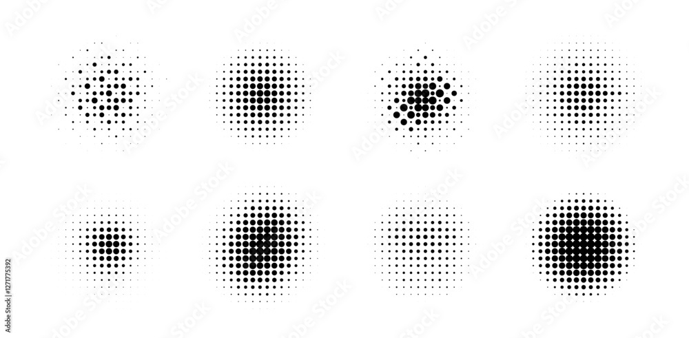 Poster Set of halftone textures featuring circular dot patterns on a white background, each with varying densities and arrangements. The minimal design highlights texture diversity, contrast, and form.