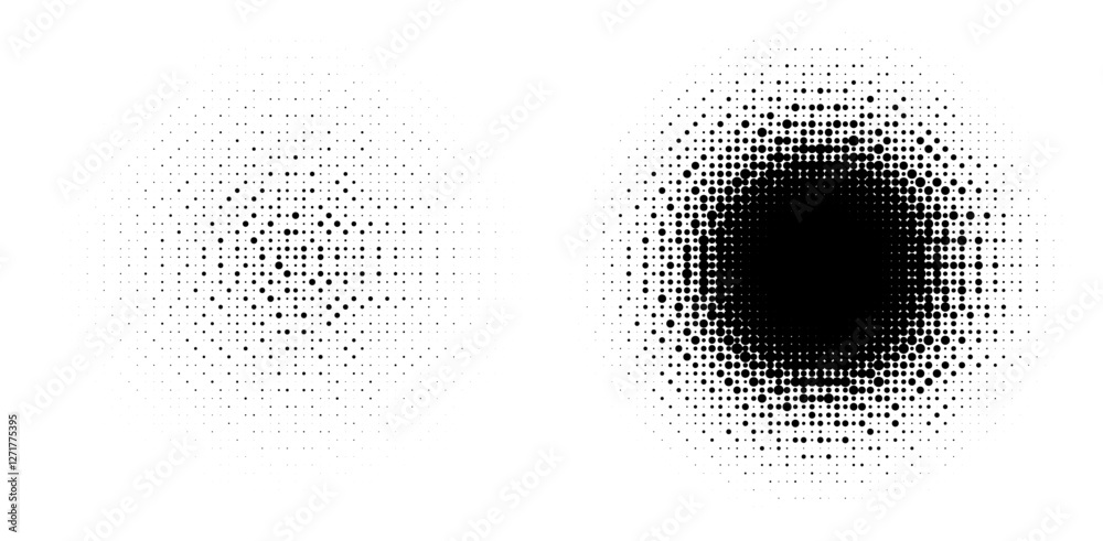 Aufkleber Two circular dot patterns on a white background, transitioning from dense black at the center to sparse edges. The design creates a minimalist and abstract visual, emphasizing contrast and symmetry.