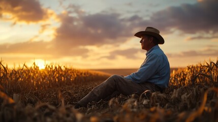 Fototapeta premium A contemplative farmer sits in a cornfield at sunset, reflecting on the day's work as warm hues fill the sky.