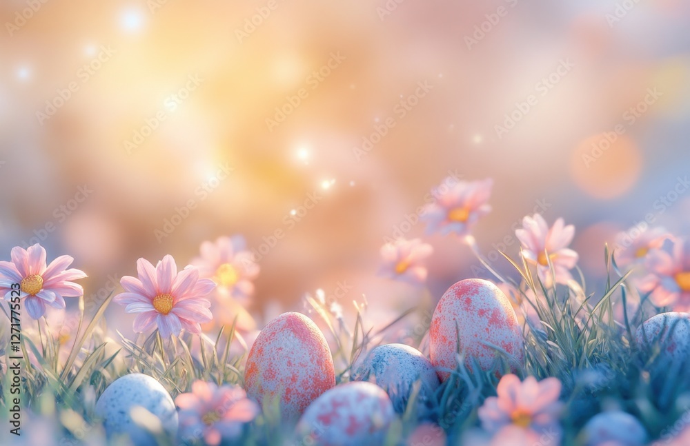 Poster easter background with beautiful pastel eggs and spring flowers in the meadow, sunlight, and a bokeh