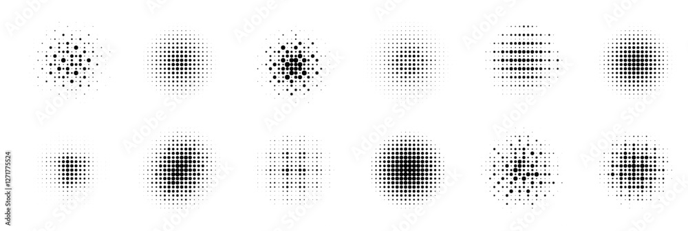 Poster Twelve black halftone circles display varying dot patterns, creating diverse gradients and textures on a white background, showcasing the classic pop art effect in a minimalist style.