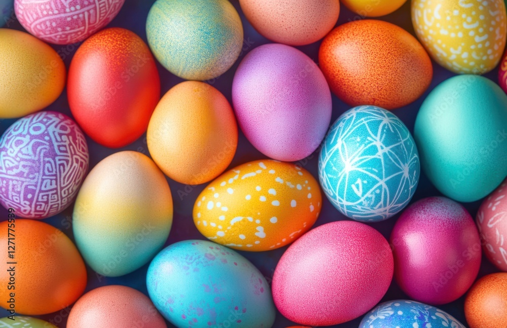 Aufkleber Colorful Easter eggs with various patterns, arranged in an overhead view, creating a vibrant and festive background.