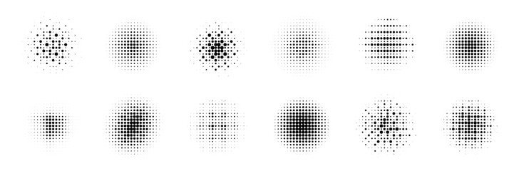 Twelve black halftone circles display varying dot patterns, creating diverse gradients and textures on a white background, showcasing the classic pop art effect in a minimalist style.