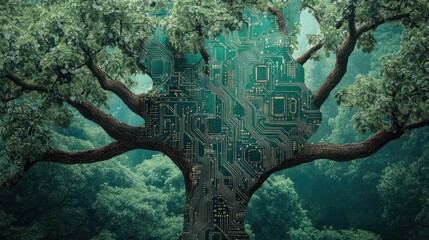 Circuit board tree in lush forest, nature technology concept.