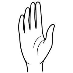 black line art illustration of a gracefully posed human hand, isolated on a solid white background 