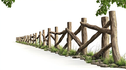 Obraz premium row of tall, slender tree fences standing in a straight line, their branches intertwined to form a natural barrier, isolated on a clean white background with ample copy space tree fence, tall 