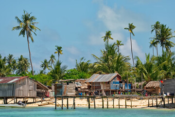 East Malaysia. island of Borneo. November 29, 2018. Sea Gypsy village on a sandy coral reef island. The main trade of local residents is fishing and sea Souvenirs.