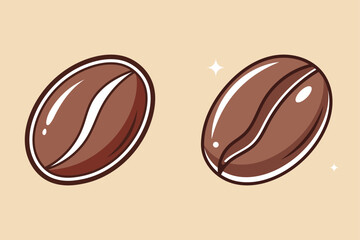 Glossy Coffee Beans Sticker Illustration with Shiny Highlights on Beige Background