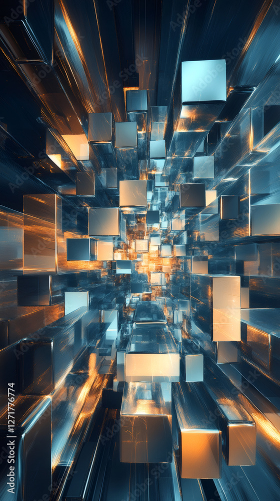 Aufkleber metallic cubes floating in space and forming a futuristic tunnel with orange and blue lights
