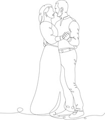 Single one line drawing of happy cute married men and women dancing in party park. Romantic young wedding couple. Vector illustration, hand drawn 