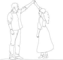 Single one line drawing of happy cute married men and women dancing in party park. Romantic young wedding couple. Vector illustration, hand drawn 