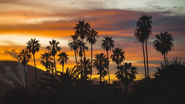 Iconic palm trees silhouetted against an orange sunset with smoke rising from the hills
