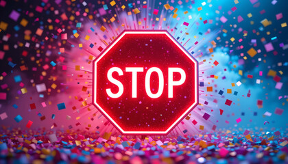 Bright neon ‘STOP’ sign surrounded by colorful confetti and vibrant bursts of color