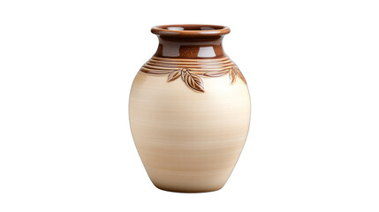 A brown and white vase with a leaf design sits on a white background