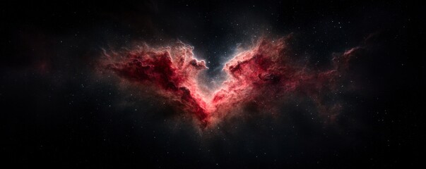 Heart-shaped nebula in deep space with glowing red and blue cosmic clouds surrounded by stars