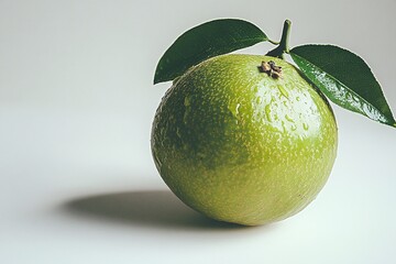 a single, vibrant green unripe citrus fruit with leaves, adorned with water droplets, sits against a minimalist, light background, casting a soft shadow.