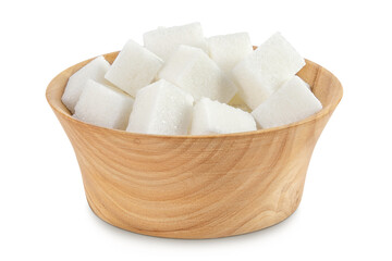 Sugar cubes in a wooden bowl isolated on white background